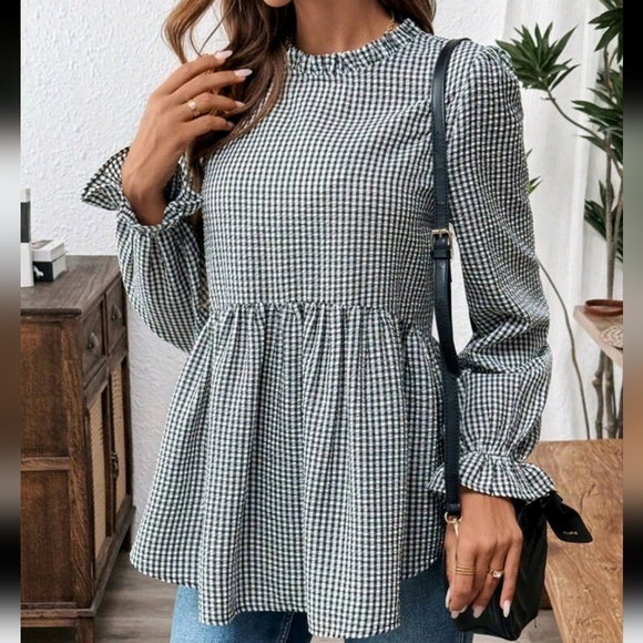 Neckline Ruffle Hem Gingham Long Sleeve Casual Blouse With Frilled Edges - Picture 3 of 4